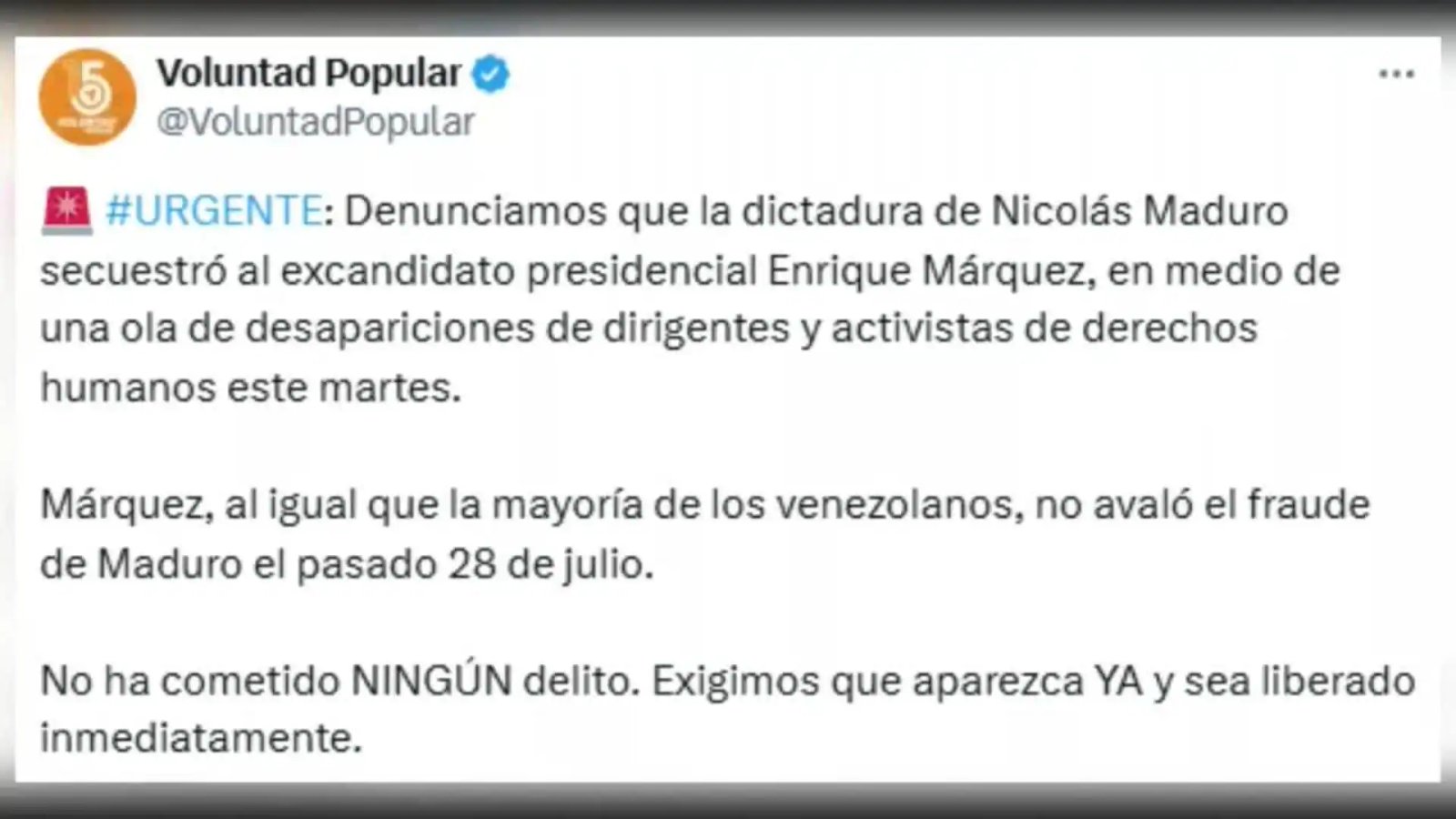 Fue detenido el excandidato presidencial Márquez en Venezuela, según denuncia el partido VP Fue detenido el excandidato presidencial Márquez en Venezuela, según denuncia el partido VP